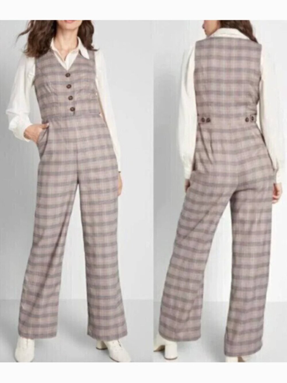 NEW NWT MODCLOTH Plaid Appeal Vest Jumpsuit Tan Brown Blue Sleeveless Retro 70s
